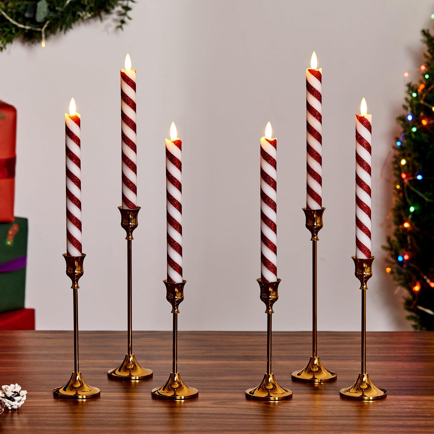Velsyn 6 Pcs Christmas Flameless Taper Candles with Remote and Timer, 10 Inch Glitter Candy Cane Candles Battery Operated Christmas Candlesticks with LED Flickering Flame for Xmas Candy Cane Decor