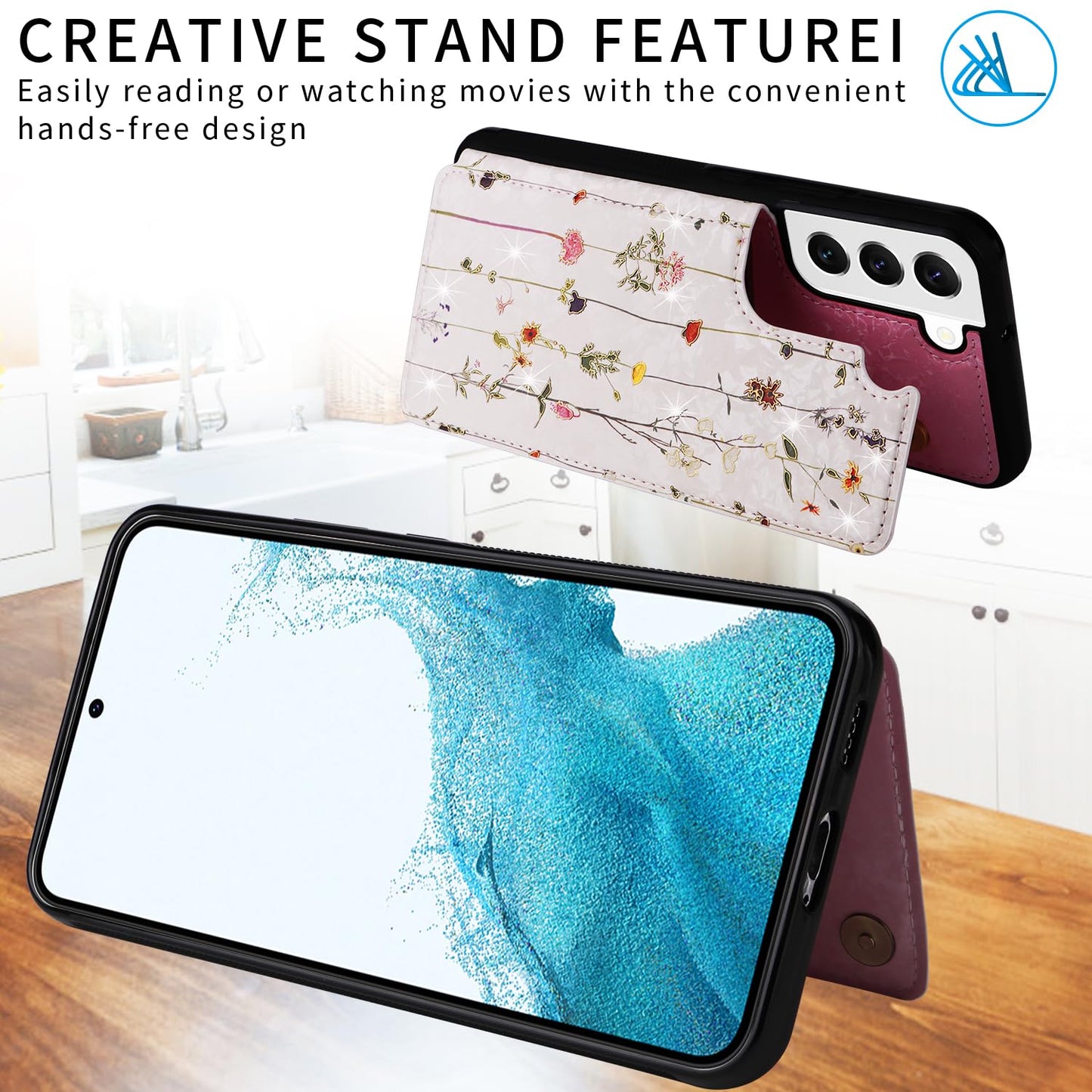 UEEBAI Wallet Case for Samsung Galaxy S22 5G with Card Holders, PU Leather Cover Kickstand RFID Blocking Double Magnetic Clasp Rilievo Flower Shockproof Flip Case for Women Girls - Tree Vine