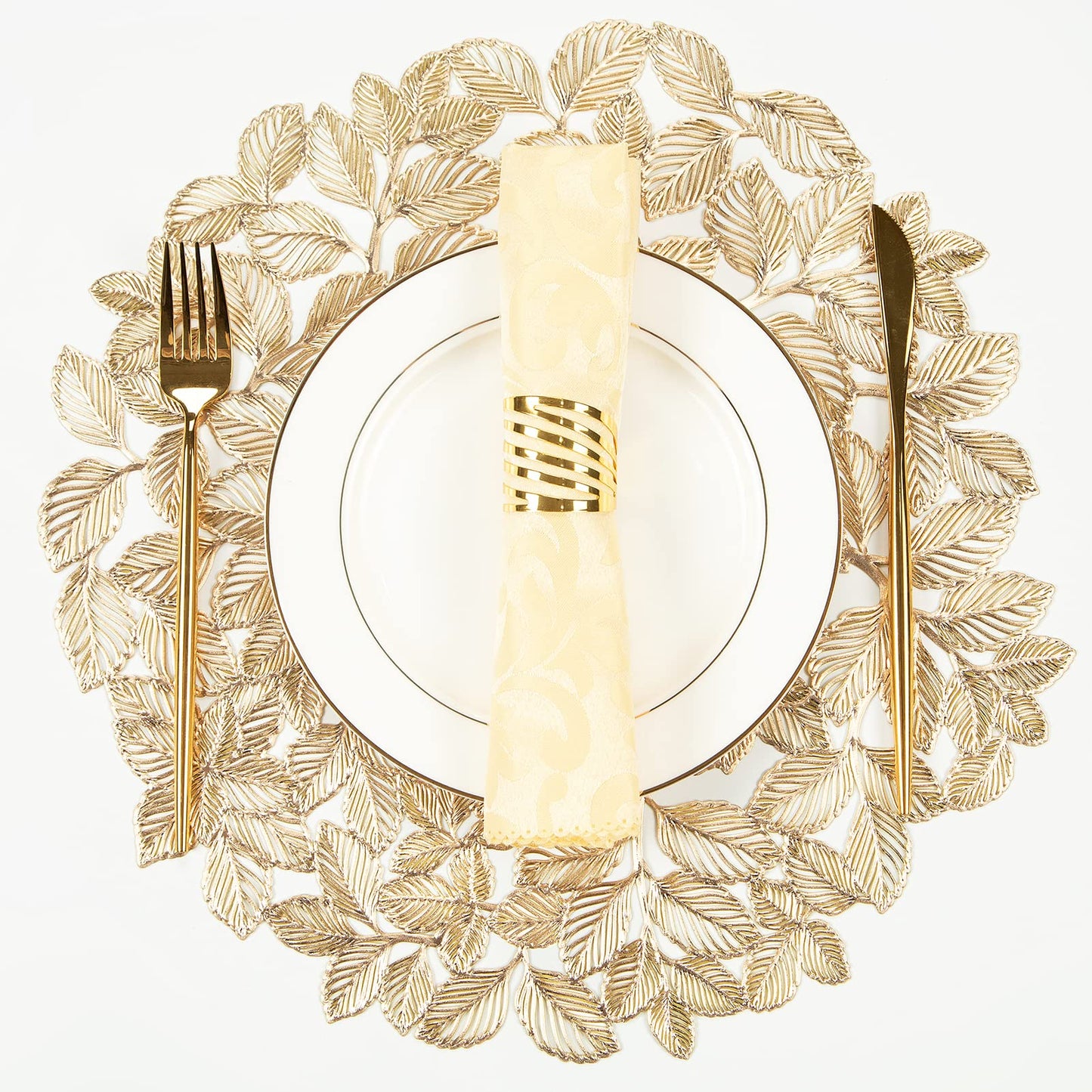 Crisjanggo Metallic Placemats Set of 6 Gold Leaf Round Placemats Non-Slip Wipeable Table Mats for Dinner,Party,Wedding Accent Centerpiece