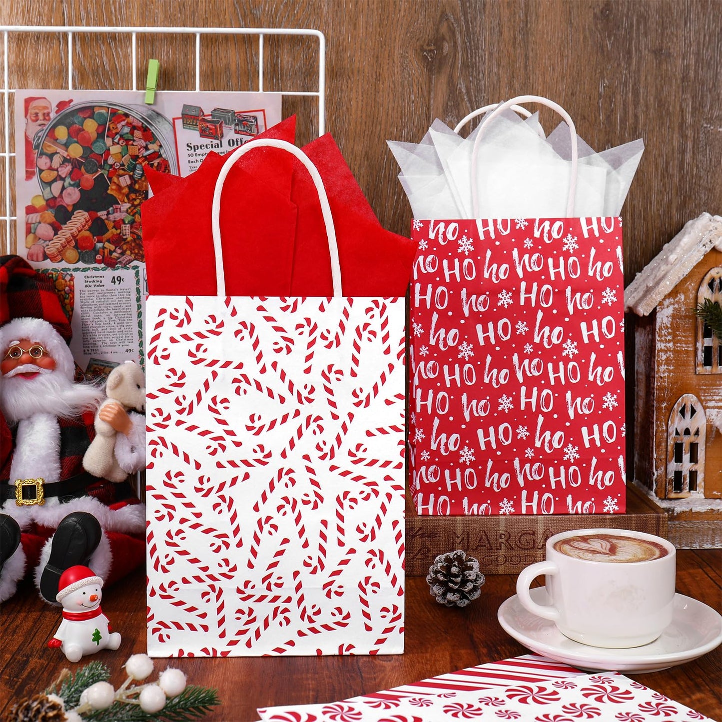 JarThenaAMCS 24 Pcs Christmas Paper Gift Bag Red Candy Cane Stripe Treat Bags with Handles Tissue Paper Candy Goodie Bags for Xmas Winter Party Favors Supplies