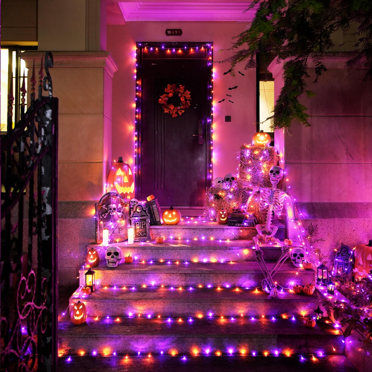 JMEXSUSS 33 FT 100 LED Halloween String Lights Indoor, Orange and Purple Halloween Lights Clear Wire, 8 Modes Outdoor Waterproof Christmas String Light Plug in
