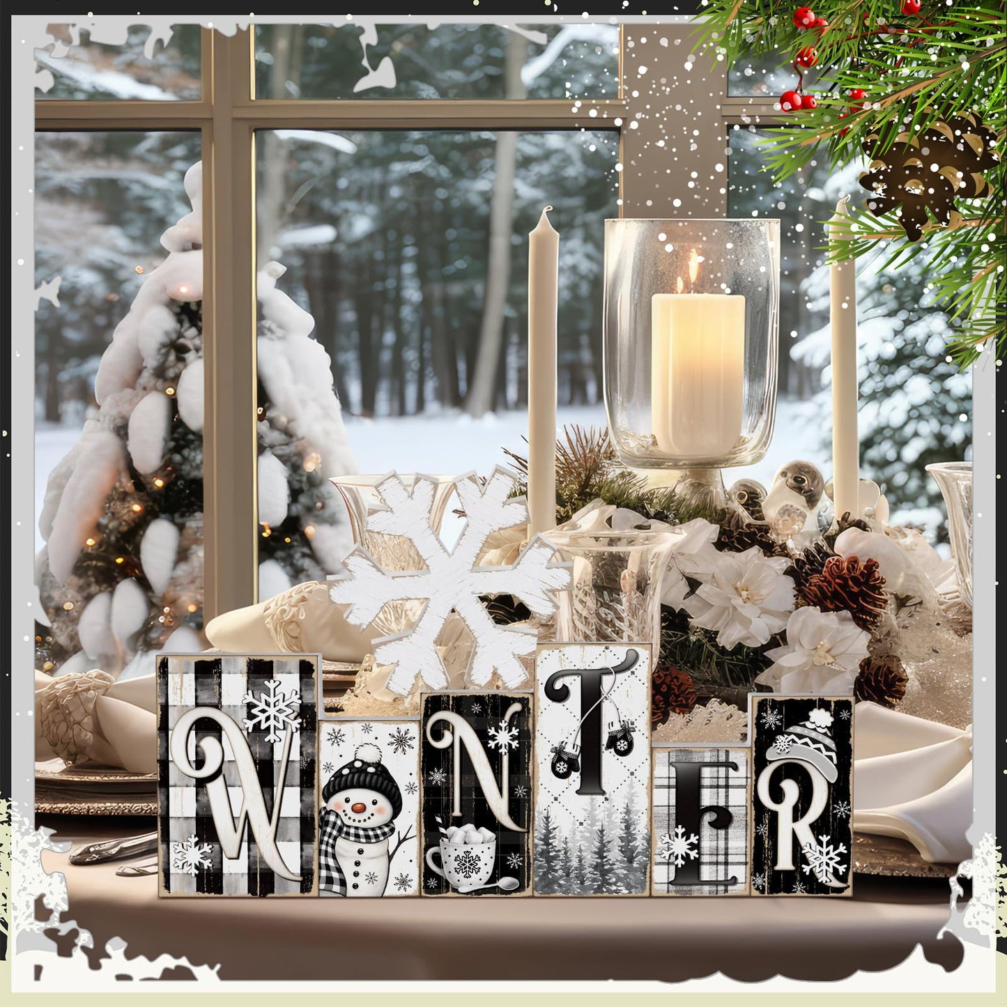 Yousoontic 2 Pcs Winter Table Decor Snowman Christmas Table Centerpieces Black and White Snowman Tiered Tray Decor Snowflake Block Signs Winter Decorations for Home Kitchen Office Shelf