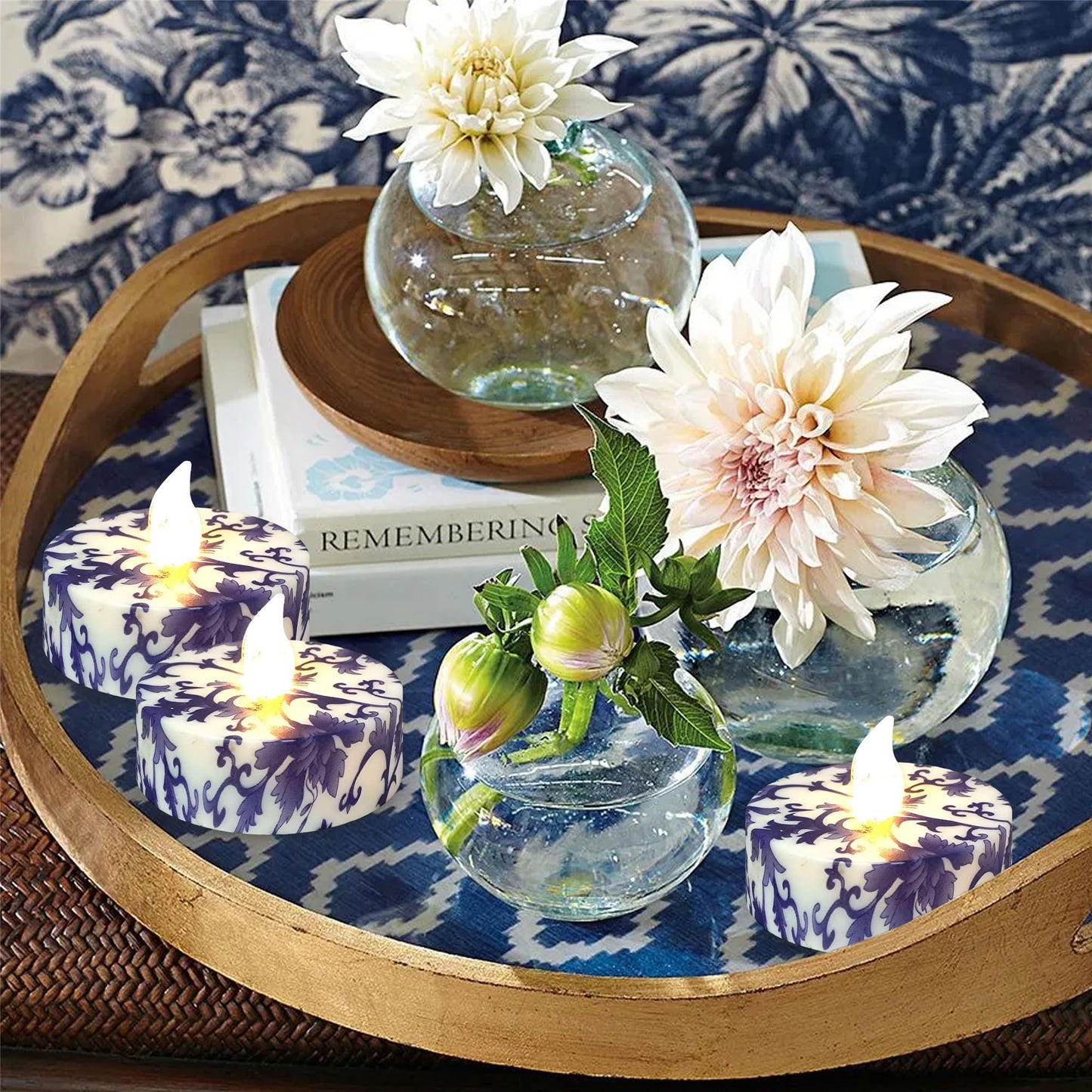 Gedengni Floral Flameless Tealights with Remote - 12 Pack Blue and White LED Tealight Candles Battery Operated Tea Lights Safe Realistic Flickering for Home Decor Wedding Party,TLT12P-BW