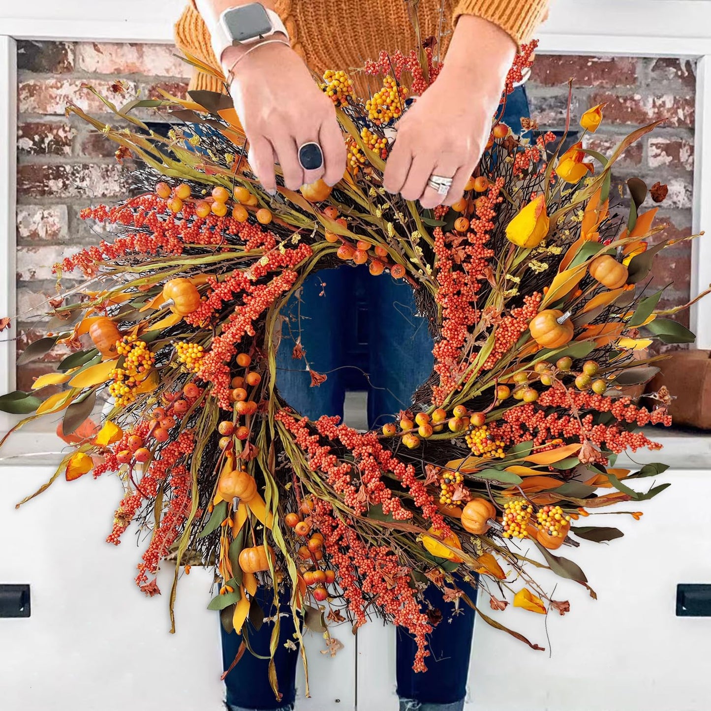 WANNA-CUL 24In Fall Harvest Wreath for Front Door Autumn Thanksgiving Decor