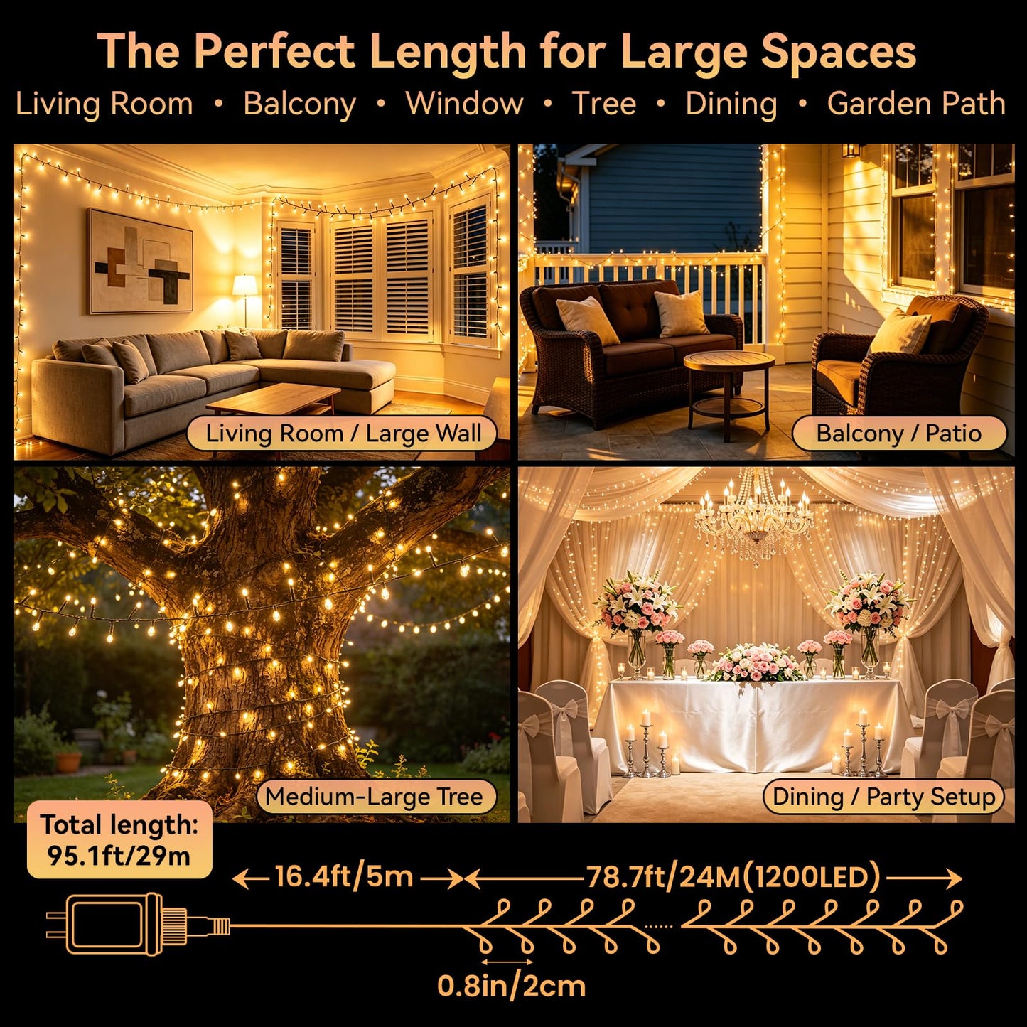 Dailyart 1200 LED Christmas Lights - 95 Ft Indoor Outdoor Cluster Lights with 8 Modes - Warm White Plug in Fairy String Lights with Timer Twinkle Lights for Christmas Tree Wedding Xmas Decorations