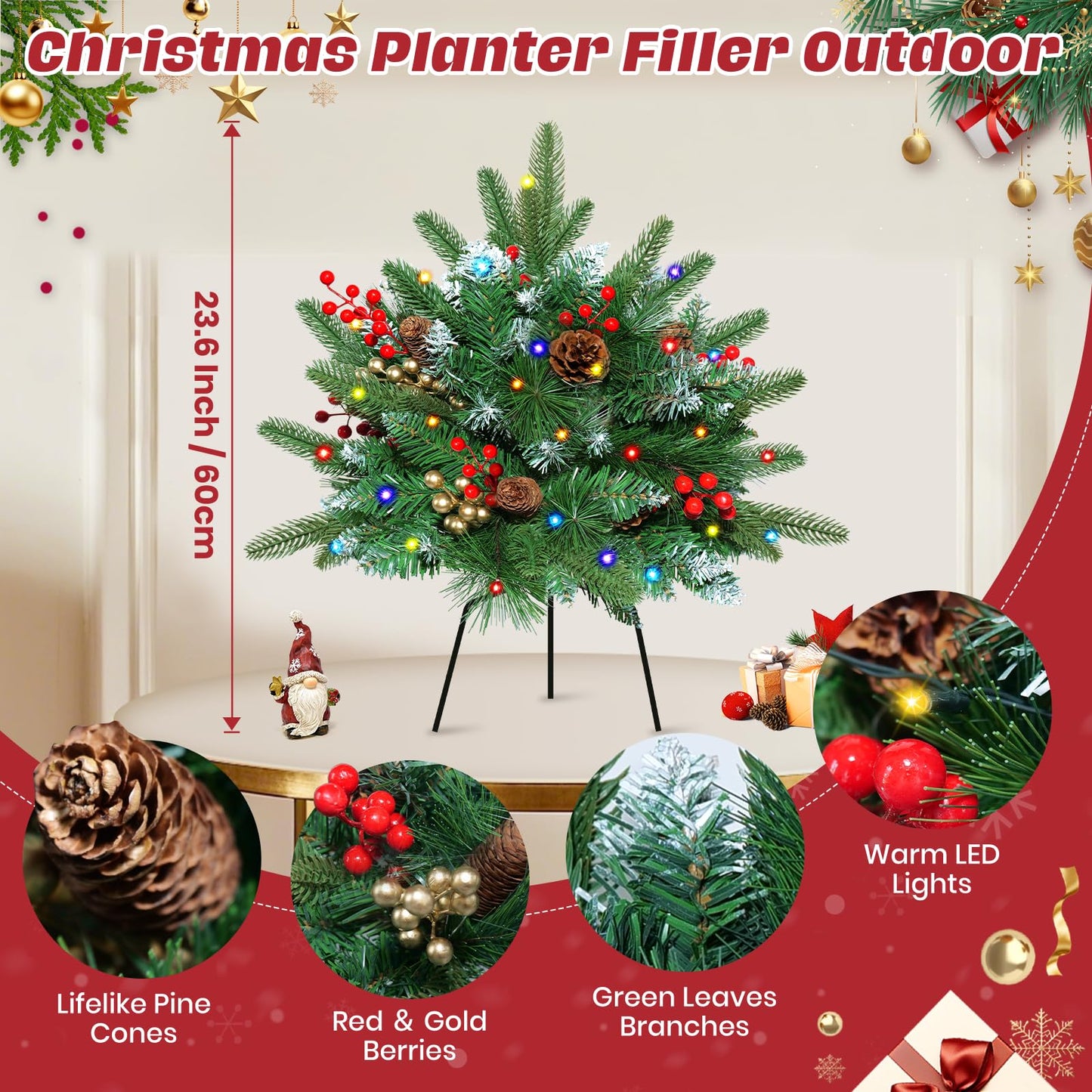 Set of 2 23.6 Inch Lighted Outdoor Christmas Tree Christmas Planter Filler with Remote, 8 Modes, Battery Operated Urn Filler Porch Decorations with Pine Cones, Red Berries for Pathway Yard Home Decor