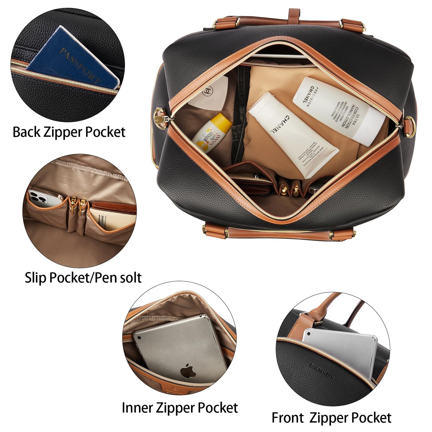 BOSTANTEN Weekender Bags for Women Leather Travel Duffle Bag Carry On Large Tote Duffel with Shoe Compartment and Trolley Sleeve