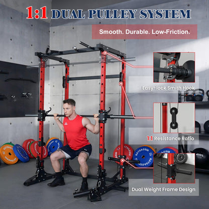 Smith Machine, 5 in 1 Heavy-Duty Squat Rack with Cable Crossover, All-in-One Home Gym Power Rack for Full-Body, Dual 1:1 Pulley System