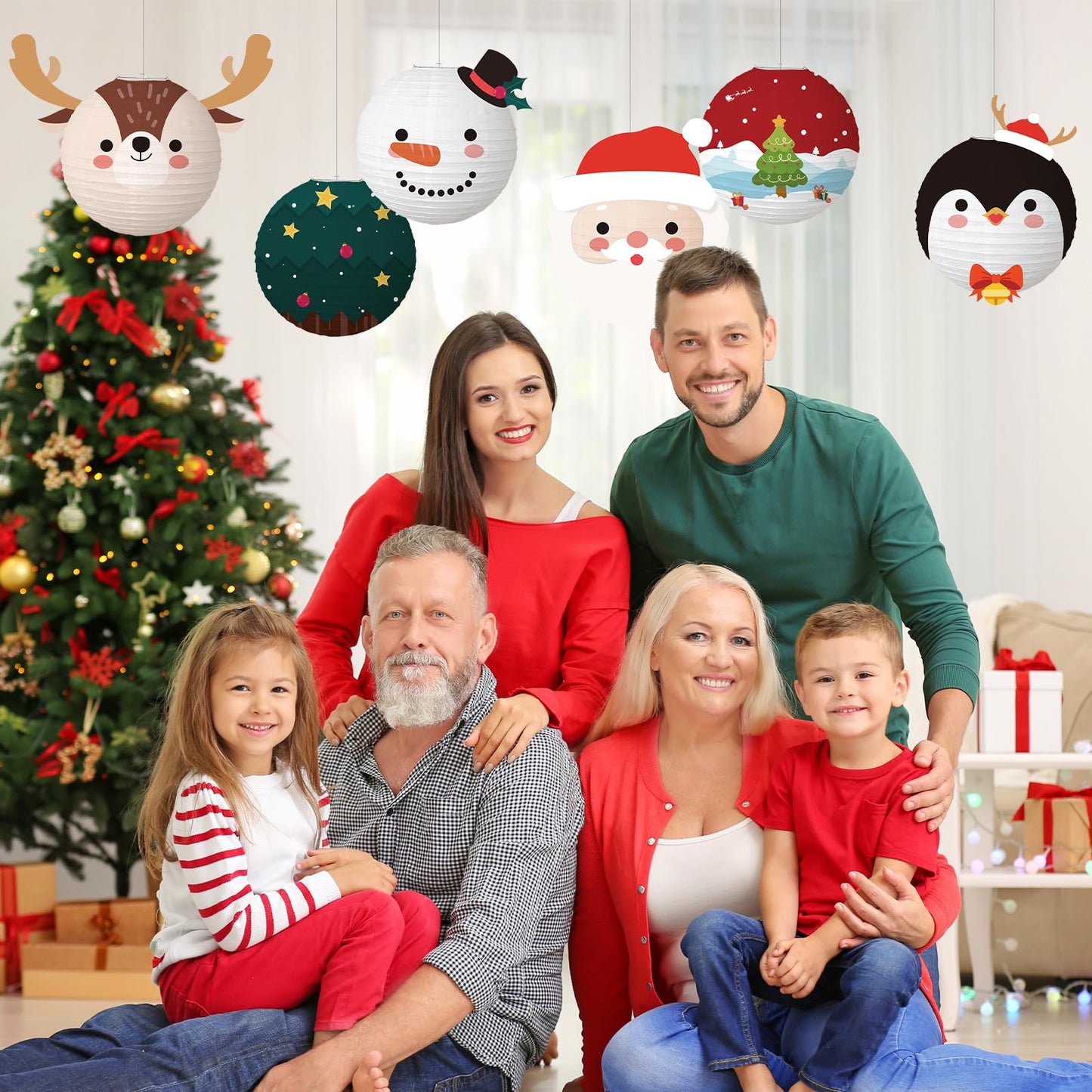 6 Pcs Christmas Hanging Paper Lanterns, 12 Inches Reindeer Santa Snowman Christmas Tree Round Hanging Paper Lanterns for Xmas Home Decoration Supplies Props Holiday Decor