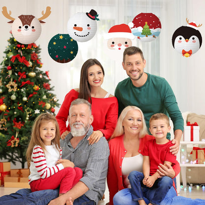 6 Pcs Christmas Hanging Paper Lanterns, 12 Inches Reindeer Santa Snowman Christmas Tree Round Hanging Paper Lanterns for Xmas Home Decoration Supplies Props Holiday Decor