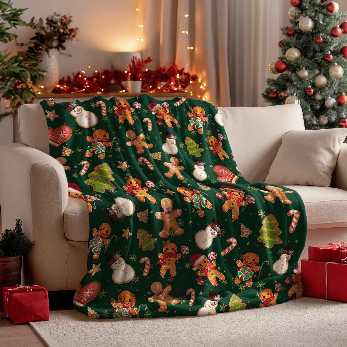 Horaldaily Christmas Flannel Blanket Throw, Green Gingerbread Man Christmas Bear Soft Fuzzy Plush Cozy Fleece Blankets for Couch Sofa Bed Decor, Ideal Gifts for Kids Adults, 50x60