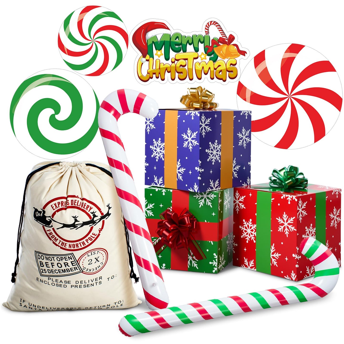 Humyoun 10 Pcs Christmas Gift Boxes Decoration, Christmas Photo Booth Props Gift Box with Ribbons Large Candy Cane Balloon for Xmas Party Decorations Home Xmas Box Decorations