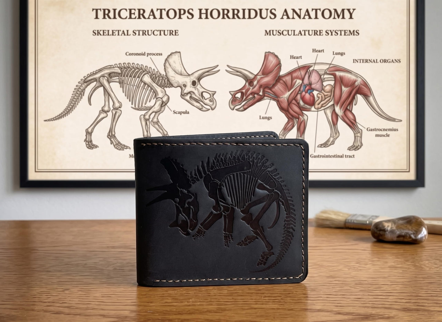 Mayan Corner Handmade Genuine Leather Wallet for Men – Embossed Dinosaur Skeleton Design – Slim Bifold Wallet – Triceratops