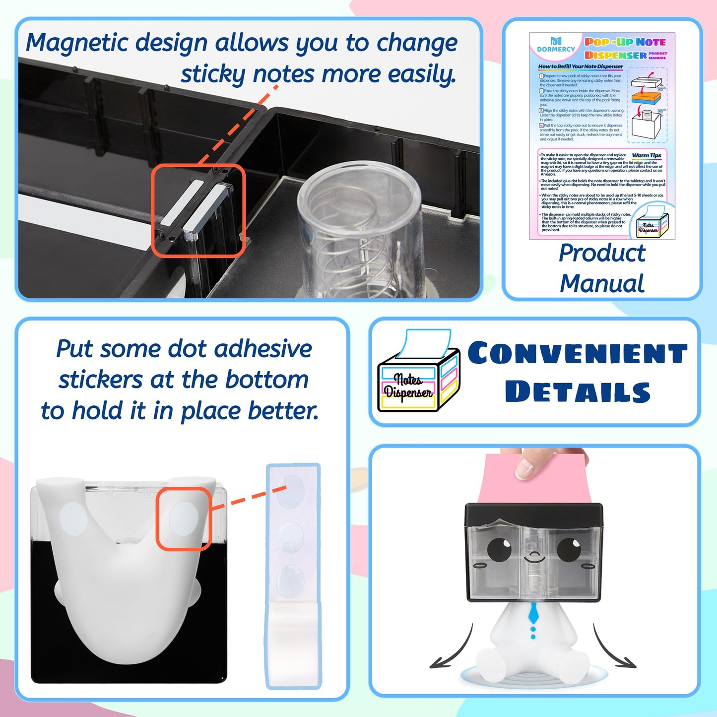 Dormercy Pop-up Notes Dispenser for Desk, Idea Boy Sticky Note Holder for Office School, Cute Office Supplies, 3x3 in, Magnetic Design, White, 1 Pack