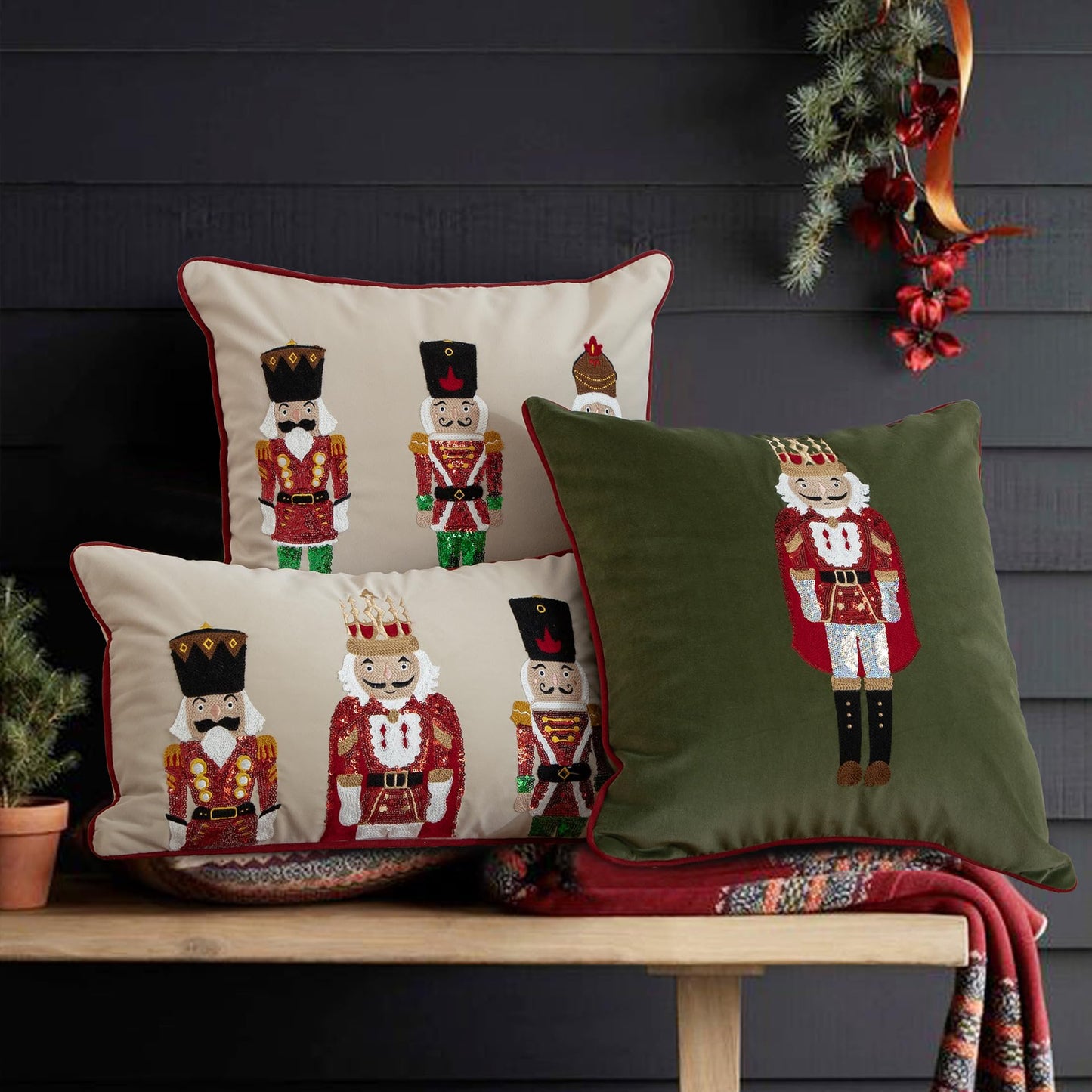 MOCOFO Christmas Embroidered Nutcracker Throw Pillow Cover - Decorative Holiday Cushion Cover (Beige, 12” x 20”)