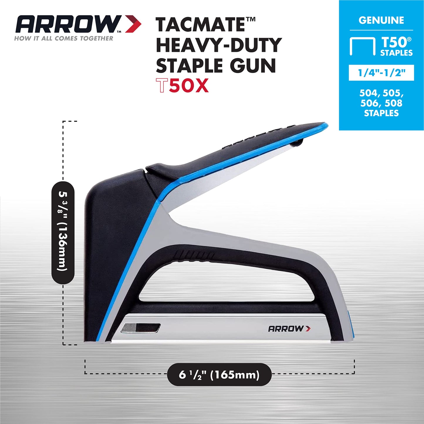 Arrow T50X Heavy-Duty Staple Gun for Upholstery, Furniture, Office, Decorating, Fits 1/4", 5/16”, 3/8", or 1/2" Staples