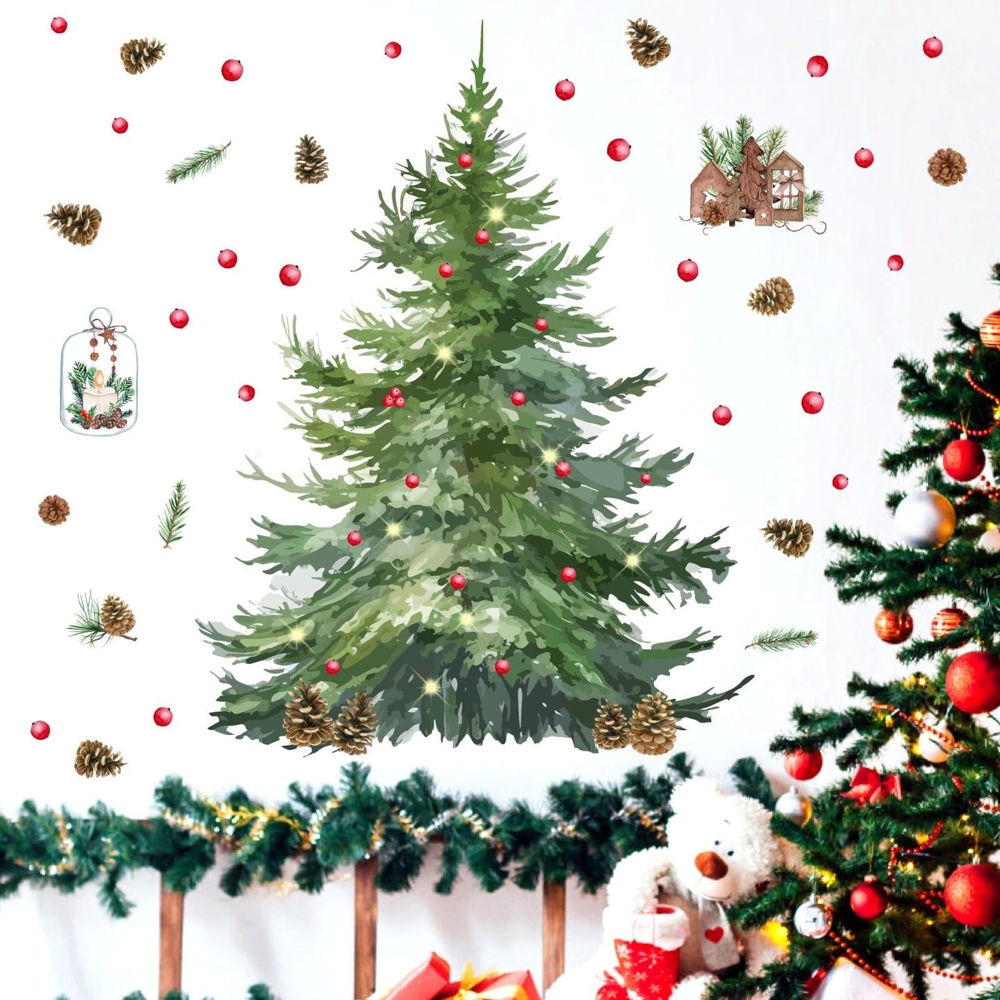 Large Pine Tree Wall Stickers Watercolor Christmas Tree Wall Decals Peel and Stick Removable Evergreen Trees Decal Winter Merry Christmas Art Murals for Living Room Kitchen Gift Xmas Party Supplies