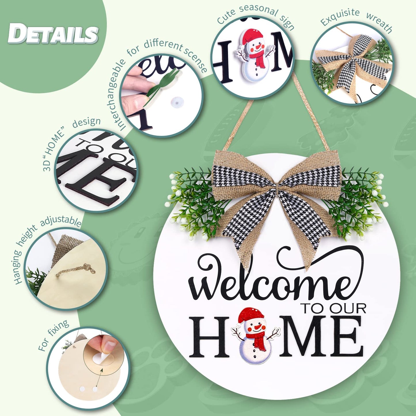 Interchangeable Welcome Sign for Front Door - Solid Wooden Welcome Wreaths with 16 Seasonal Holiday Icons Front Door Decor for Farmhouse Hanging, Valentine's, Easter Christmas Housewarming Gift Decor