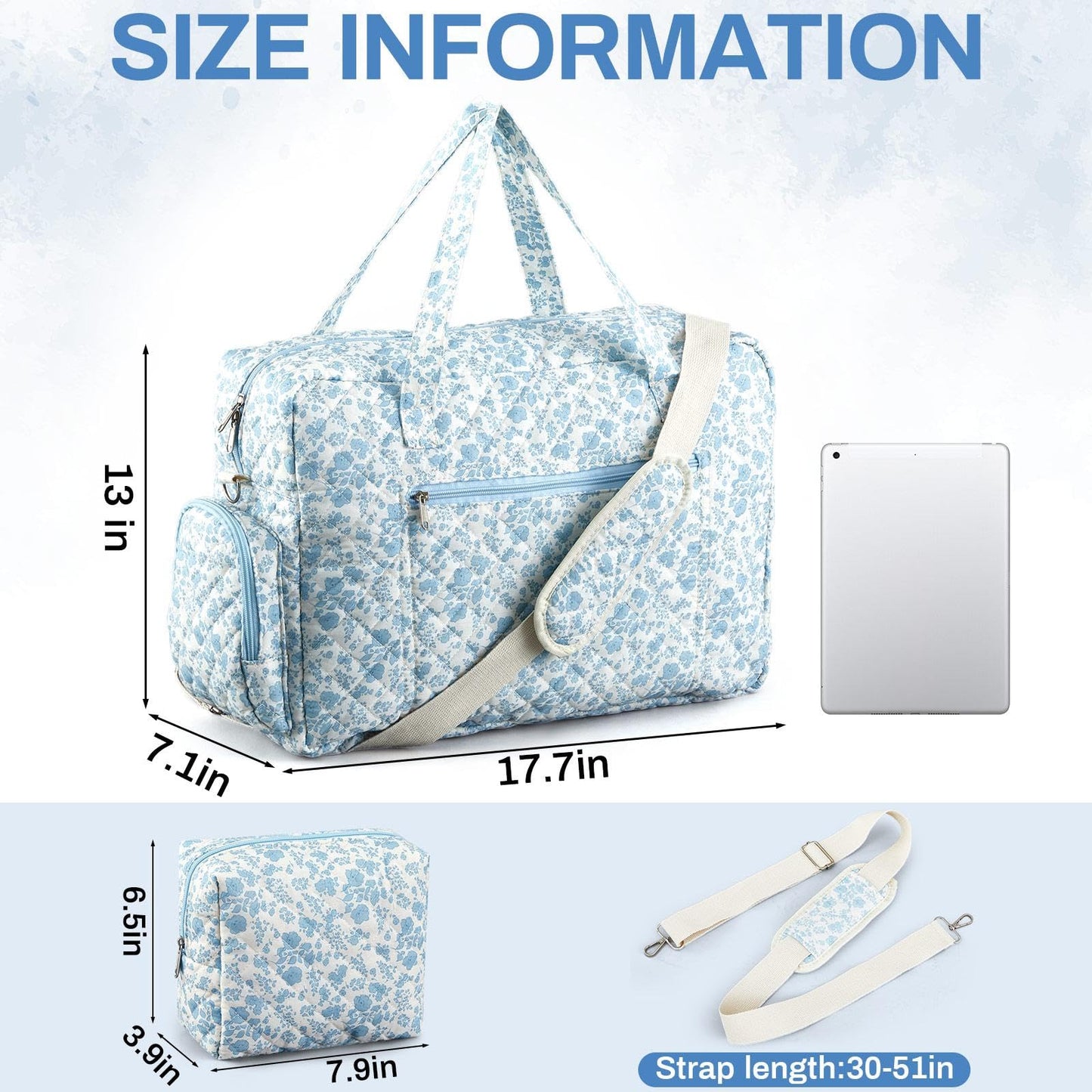 Abbylike 2 Pcs Large Quilted Duffle Bag Blue Floral Coquette Duffle Bag with Makeup Pouch Quilted Weekender Diaper Tote with Shoe Compartment for Women Travel Hospital