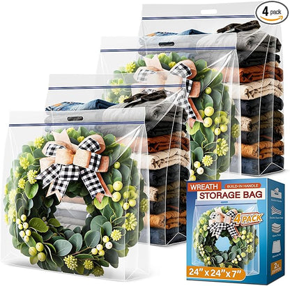 Extra Large Wreath Storage Bag, 24"x24"x7", Clear Storage Bag with Handle, Summer Christmas Decoration Garland Container for Seasonal Thanksgiving Holiday Artificial Wreath, 4 Pack