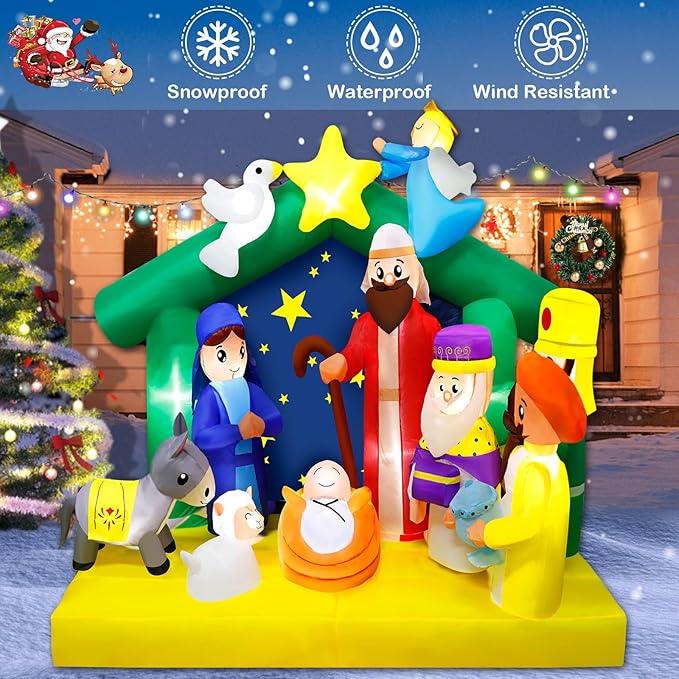 6.5FT Christmas Inflatables Nativity Scene Outdoor Decorations The Birth of Jesus Scene Christmas Blow ups Built in LED Lights Inflatable Christmas Decorations for Garden Lawn Patio