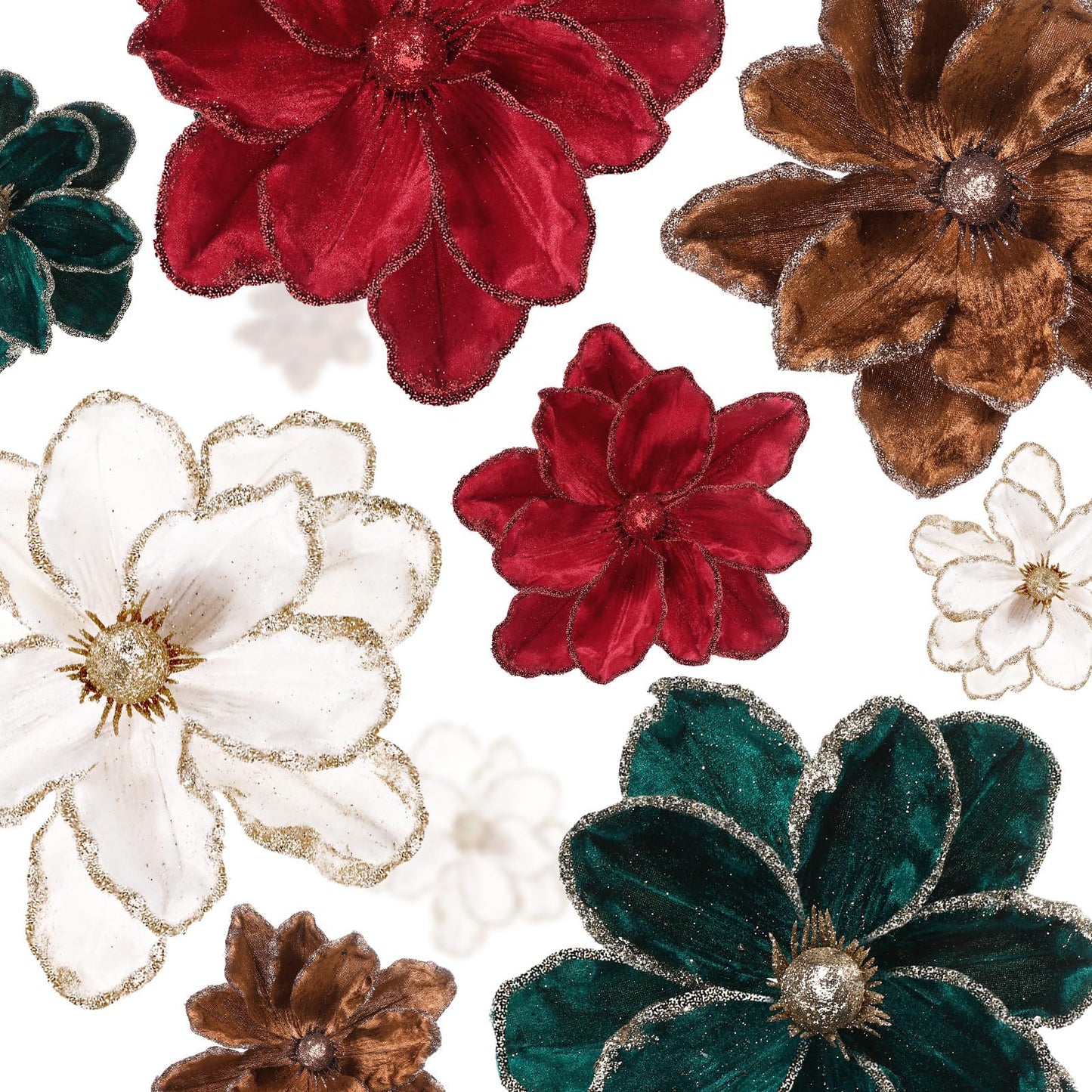 Suncalla 24 Pcs Christmas Velvet Magnolia Flowers Large Artificial Poinsettia Flower Picks 8'' Christmas Glitter Magnolia Floral Picks Stems for Xmas Tree Party (Burgundy Brown Green Cream White)