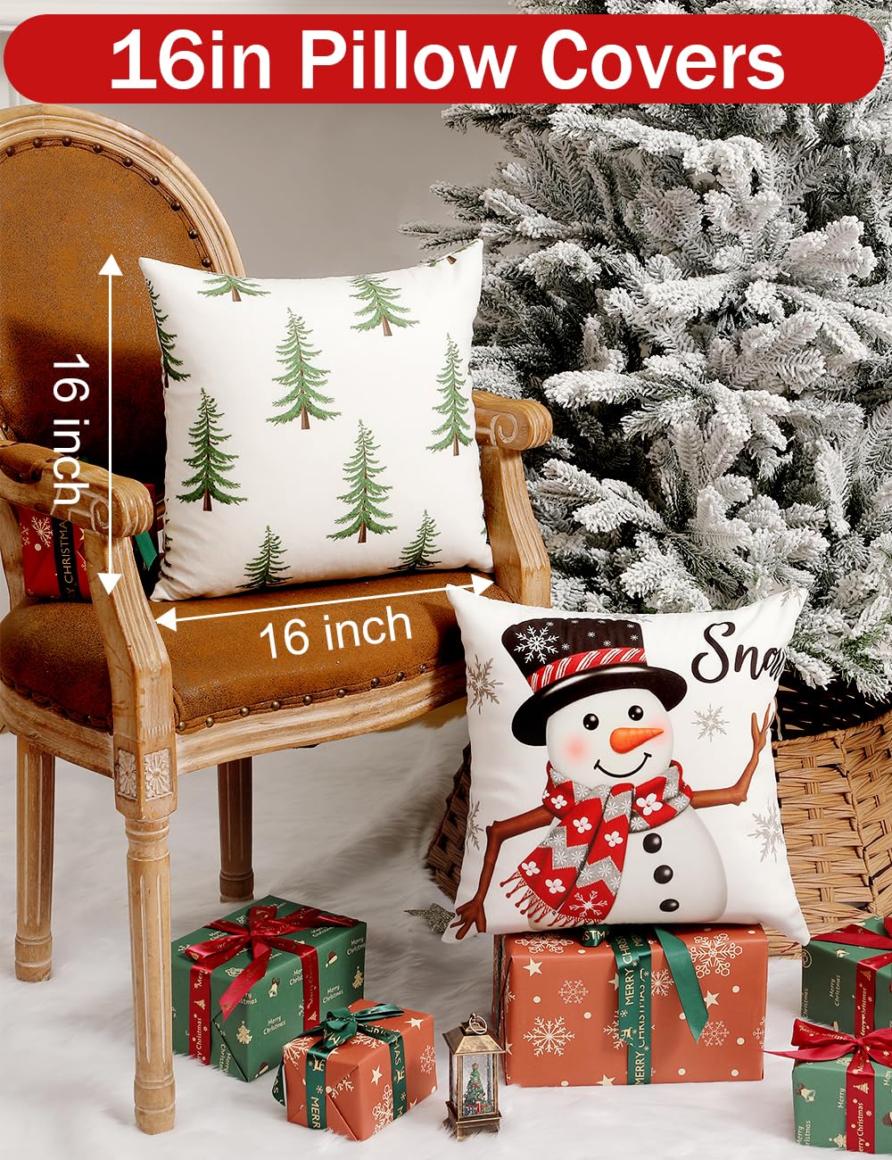TOYPOPOR Christmas Decorations, Double Sided Plaid Throw Pillow Covers 16x16 Inches Set of 4, Christmas Tree, Snowflakes, Merry Christmas, Snowman Reindeer Winter Holiday Pillowcase for Sofa Couch