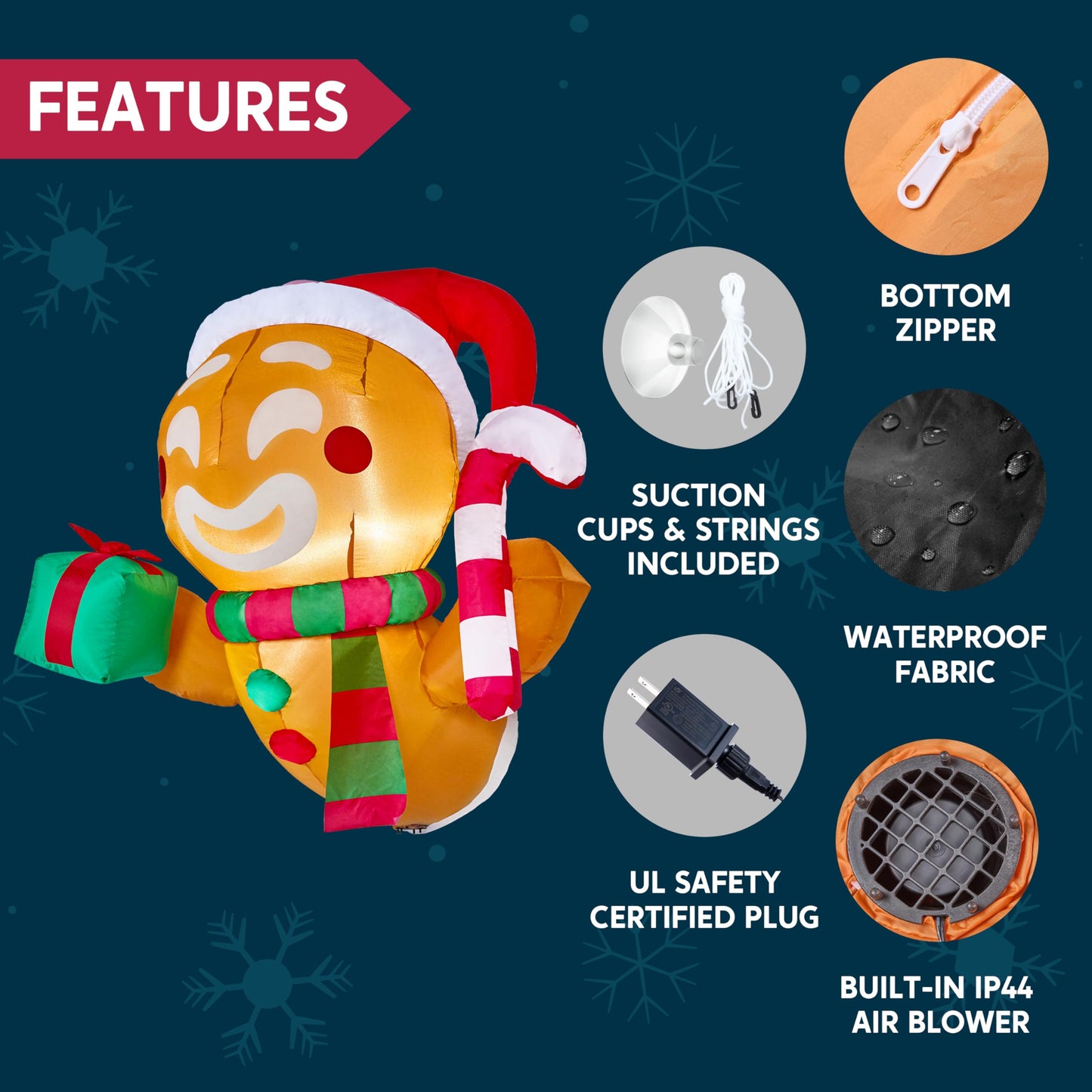 Joiedomi 3.5 FT Christmas Inflatable Gingerbread Man with Gift Box and Candy Cane Broke Out from Window, Blow Up Inflatable with Build-in LED for Window Decor, Xmas Party, Outdoor, Yard, Lawn Decor