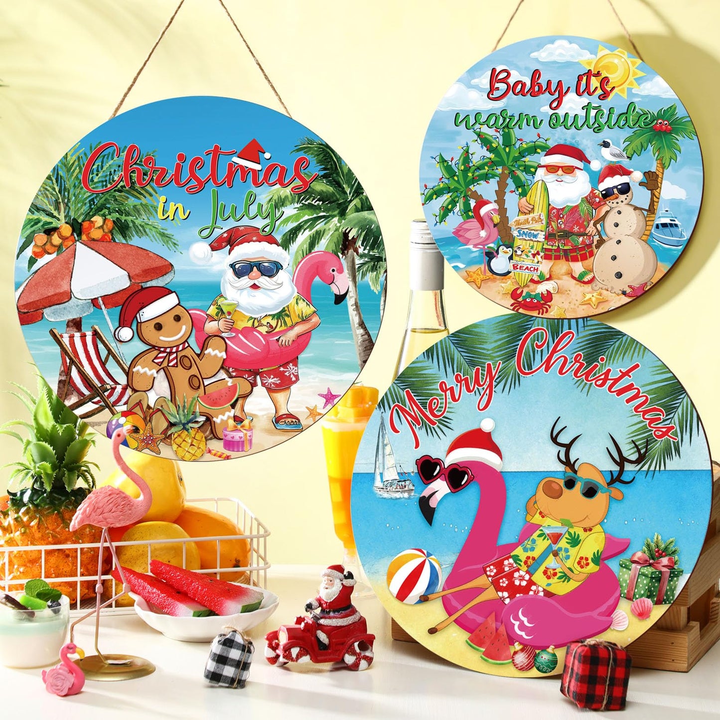 Blosssound 3 Pcs July in Christmas Decorations Summer Front Door Sign with Flaming Santa Beach Snowman Hawaiian Wooden Hanger Door Sign for Farmhouse Home Summer Xmas Decor Supplies