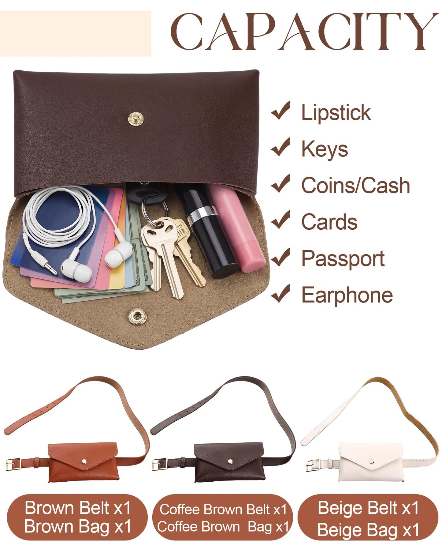 Shihanee 3 Pcs PU Leather Waist Belt Bags for Women Adjustable Fashion Mini Waist Pouch Equestrian Belt Bags for Fashion Party Riding Hiking Daily Use Y2k Accessory (Beige,Brown,Coffee)
