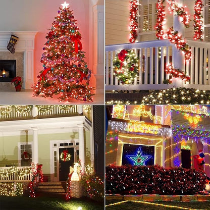 WATERGLIDE C6 Christmas Lights, 100 LED 33ft Faceted Fairy Lights Green Wire String Lights with Safe Adaptor, 8 Lighting Mode, Waterproof for Indoor Outdoor Patio Xmas Tree Party Decor, White & Red
