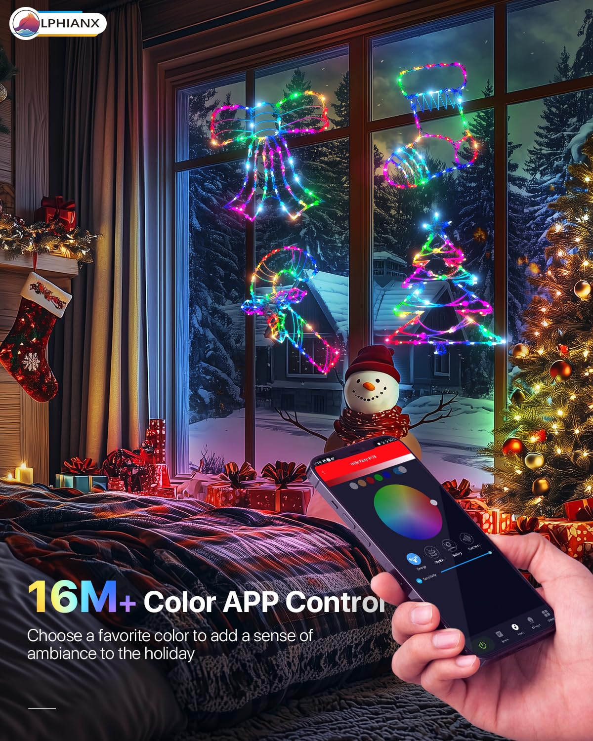 4 Pack Smart Christmas Window Lights, Christmas Window Silhouette Lights, Christmas decorations indoor,Custom & Preset Modes,APP Control Candy Cane,Christmas Tree,Bow,Christmas Stocking for Door Glass