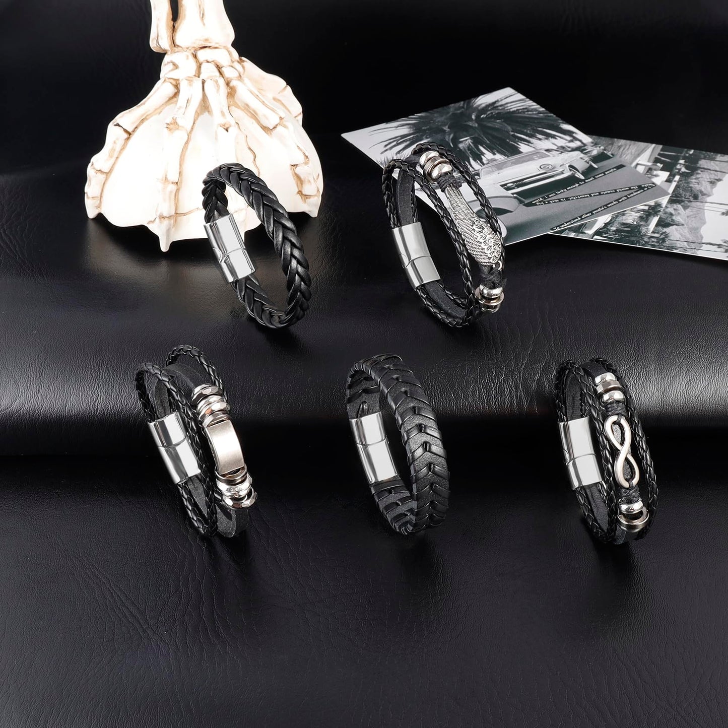 MILAKOO 5Pcs Punk Bracelets for Men Stainless Steel Clasp Woven Braided Leather Wristband Goth Style