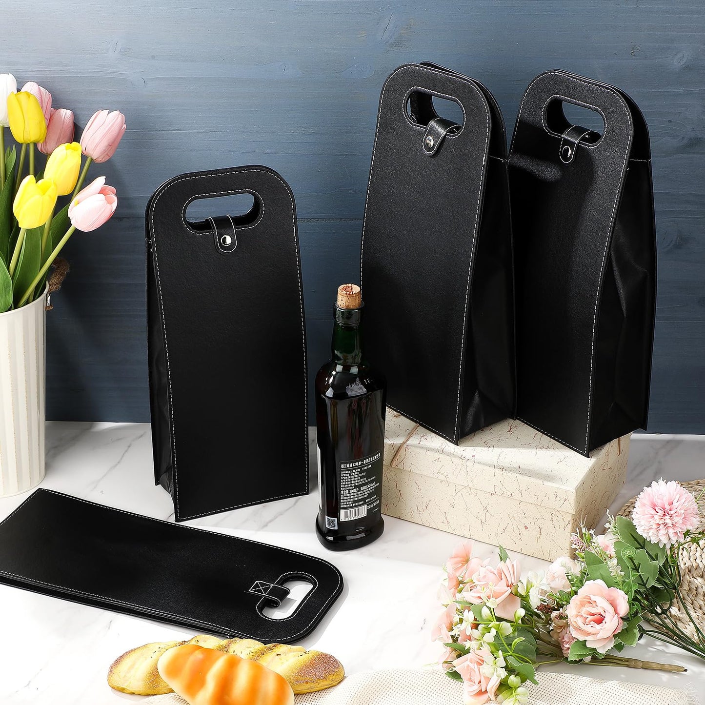 FillTouch 6 Pcs Double Wine Bag Reusable Leather Wine Tote Carrier 2 Bottle Portable Gift Bags Champagne Beer Bags for Valentine Father's Day Thanksgiving Christmas Birthday Party(Black)