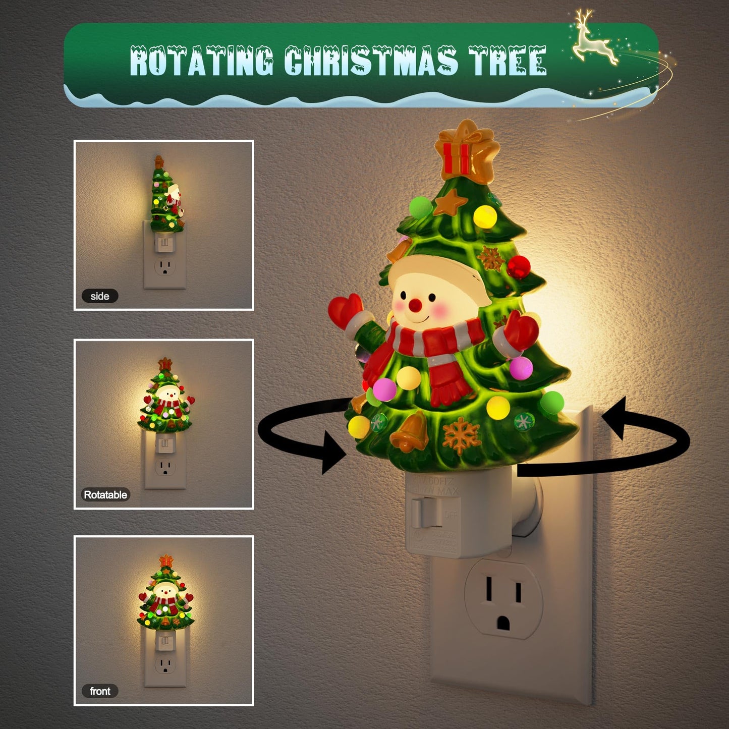JandCase Christmas Tree & Snowman Night Light, 3000K Night Lights Plug into Wall,Cute & Funny Ceramics Christmas Night Light for Kids, 360° Rotatable for Home Party Decor,1 Pack