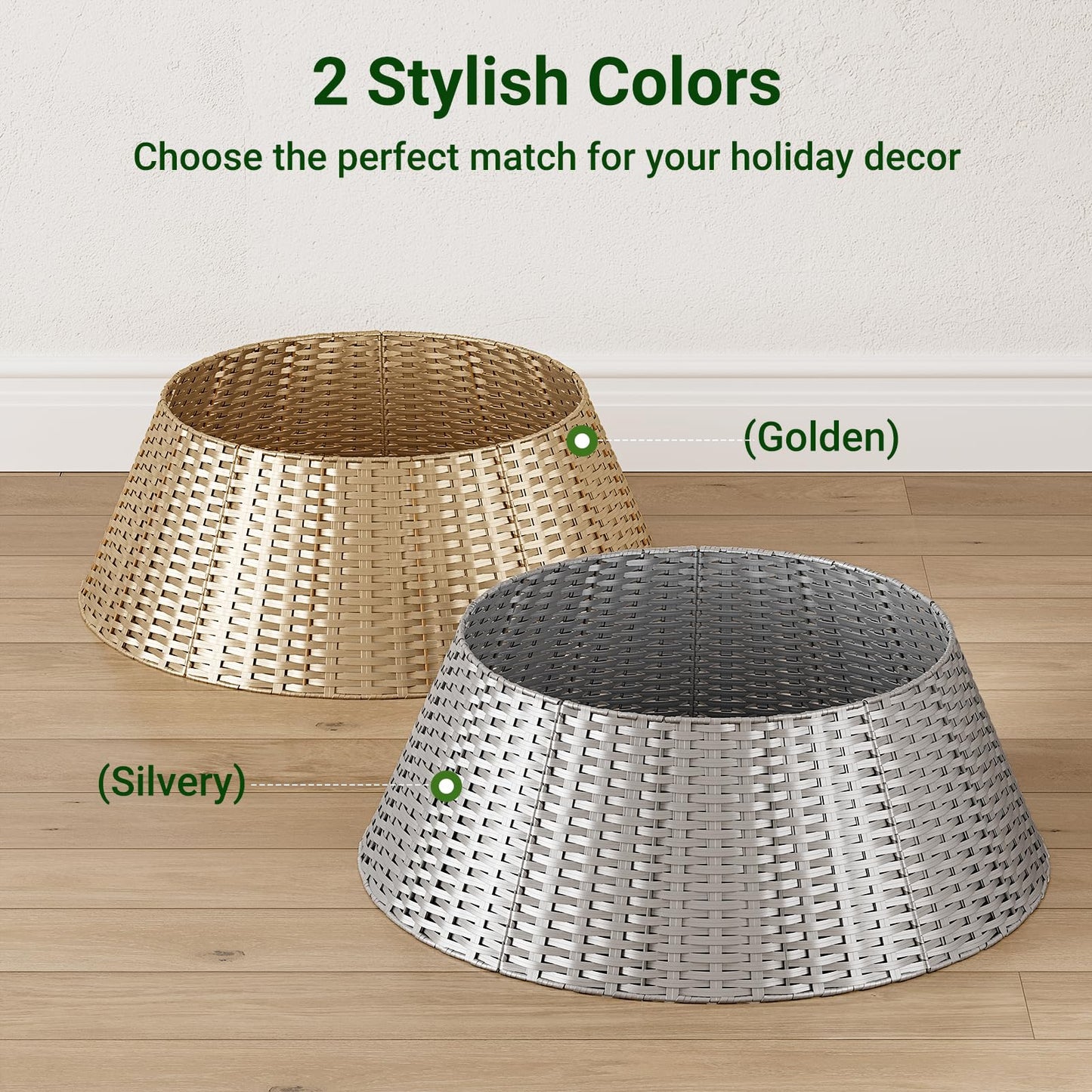 ELYKEN Gold Christmas Tree Collar, 28 Inch Woven Xmas Tree Skirt for 7.5 ft Trees, Stylish Rustic Basket for Tree Base Cover with Cord Cut-Out for Pencil Trees, Easy Assembly