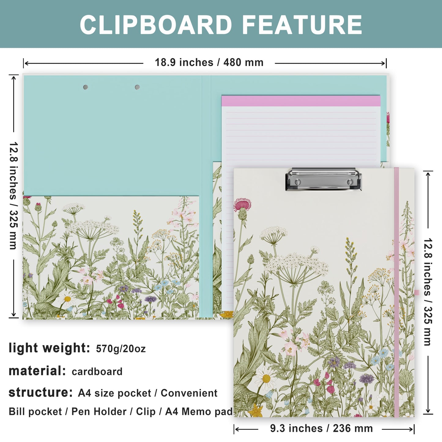 Clipboard Folio with Refillable Lined Notepad, Low Profile Clip and Interior Storage Pocket, Cute Clipboard Folder Design for Students, Office, School, Nurse, A4 Foldable Clipfolio(Garden Flowers)