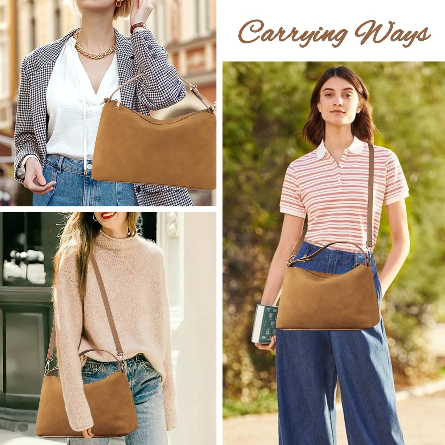 Leather Suede Tote Bags for Women, Brown Suede Purse Handbag Retro Top Handle Bag with Adjustable Strap, Hobo Crossbody Bag Crescent Satchels Shoulder Bag (Brown)