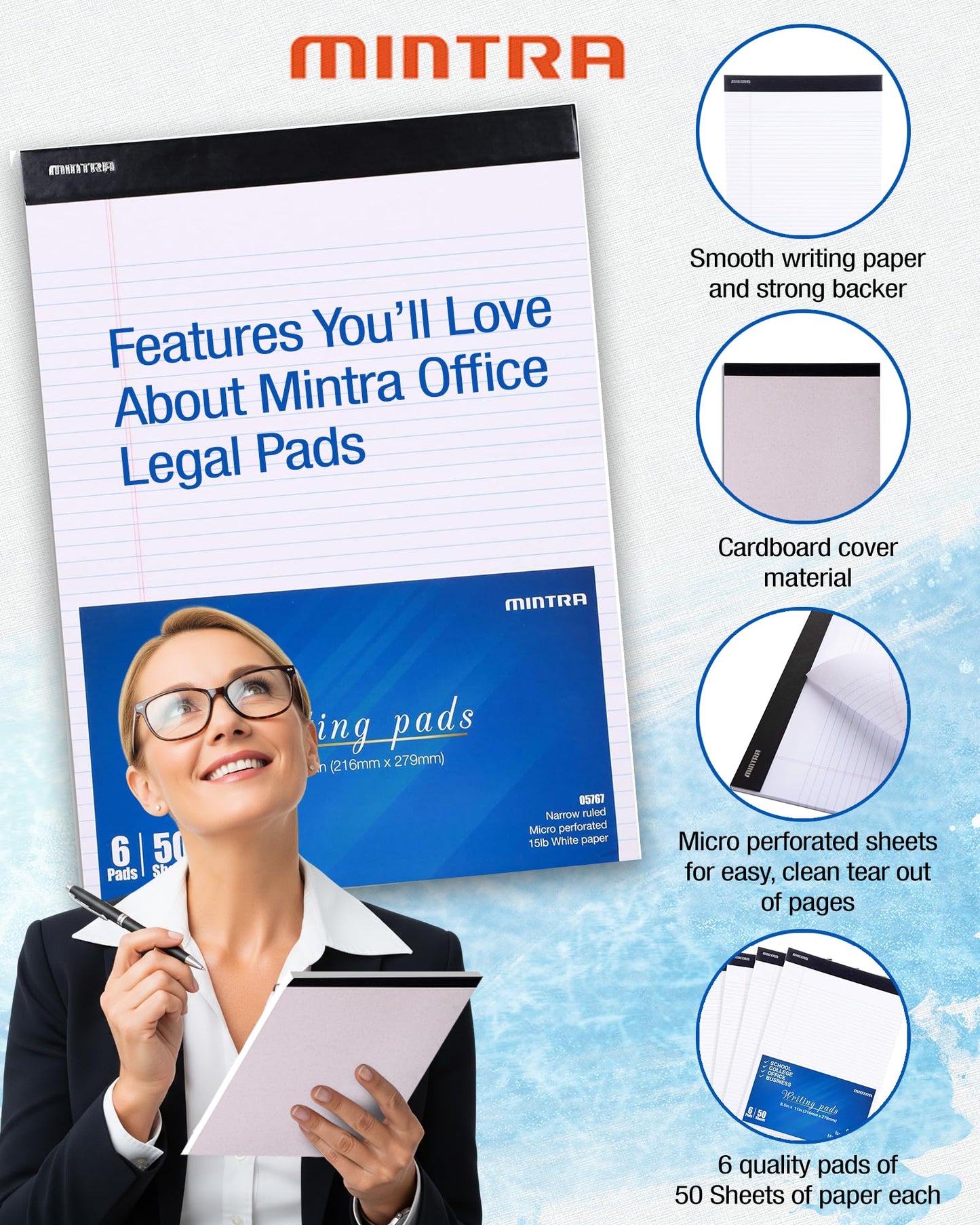 Mintra Office White Legal Pads – Ruled Notepads and Micro-Perforated Sheets, Ideal for Writing, Note-Taking & Creativity, Office, or Professional Use, Basic Pad 6 pack, 8.5"x11" (Narrow Ruled)