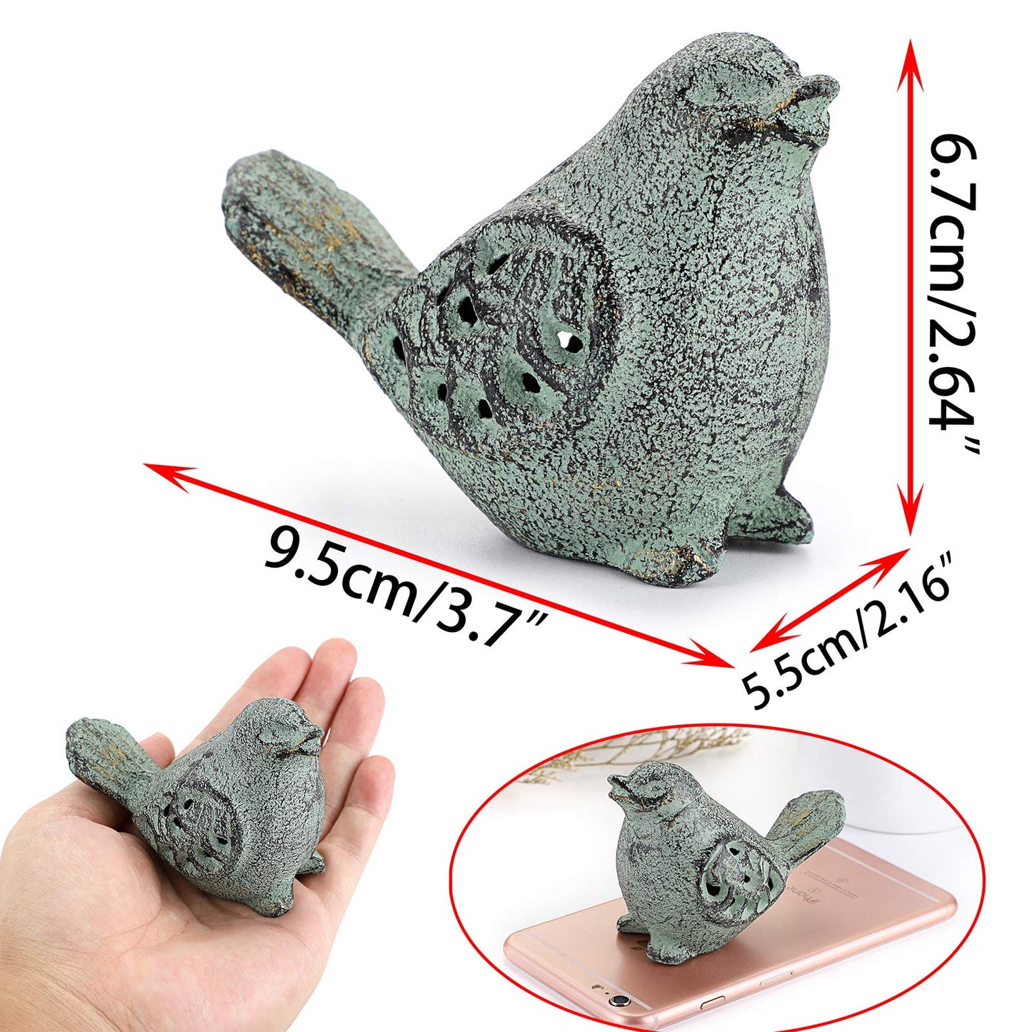 OwnMy 2PCS Cast Iron Green Bird Sculptures - Outdoor & Indoor Small Birds Statues, Hollow Carved Bird Figurines Ornaments Decorative Animal Figurines for Garden Patio Home Decors