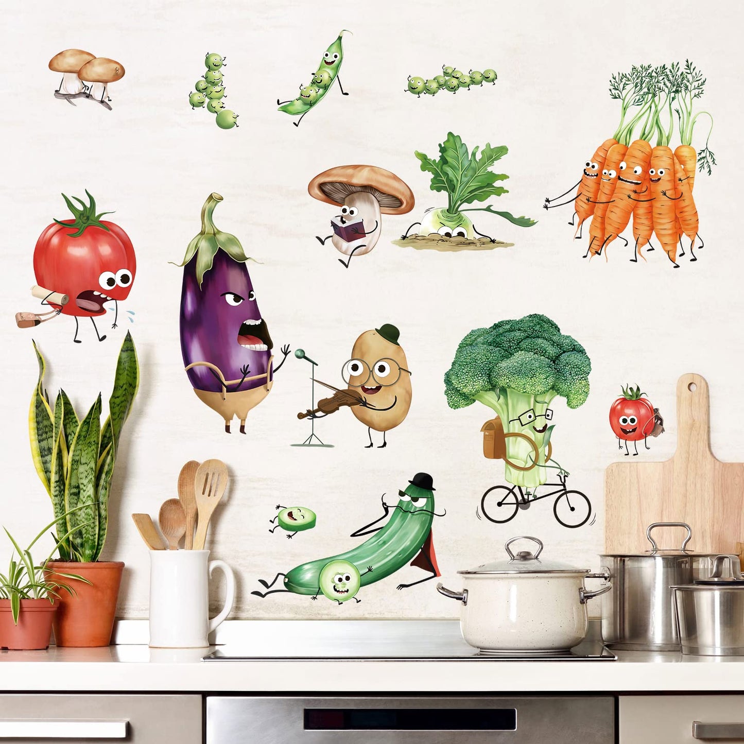 wondever Kitchen Food Wall Stickers Cartoon Vegetables Peel and Stick Wall Art Decals for Kitchen Cupboard Fridge
