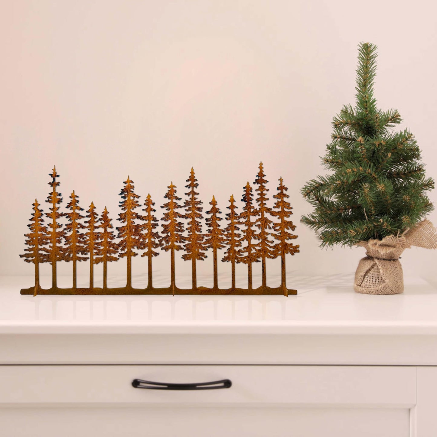 dryelves Metal Pine Tree Decor, Cabin Forest Tree and Nature Rustic Tabletop Decor, Mantel Centerpieces Shelf Decorations, Housewarming Gifts for Home Farmhouse Living Room Bedroom(Rusty)
