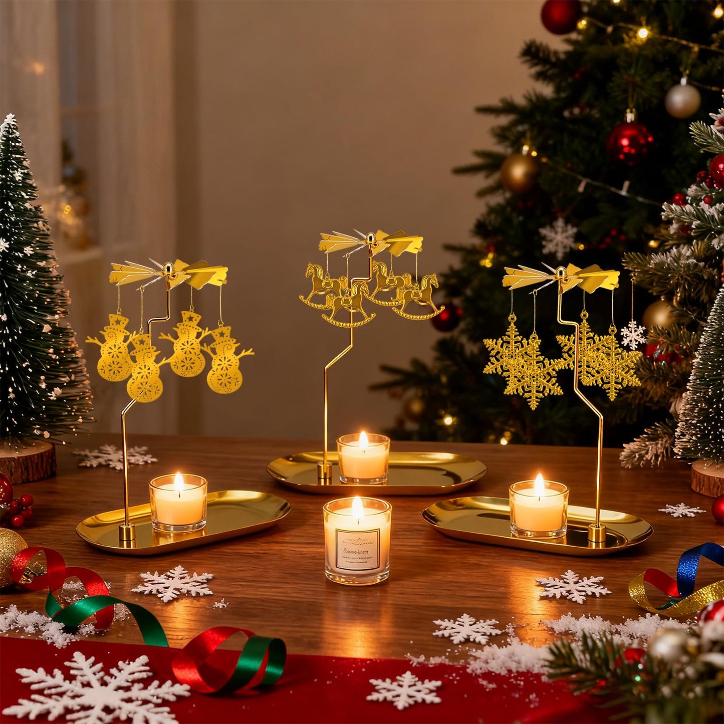 Oiiyee Carousel Candle Holder - Spinning Rotary Holder with Tray for Jar Candles Scented and Tea Lights, Unique Home Decor Gifts for Christmas Party, Valentine's Decor, Table Centerpiece(Snowman)