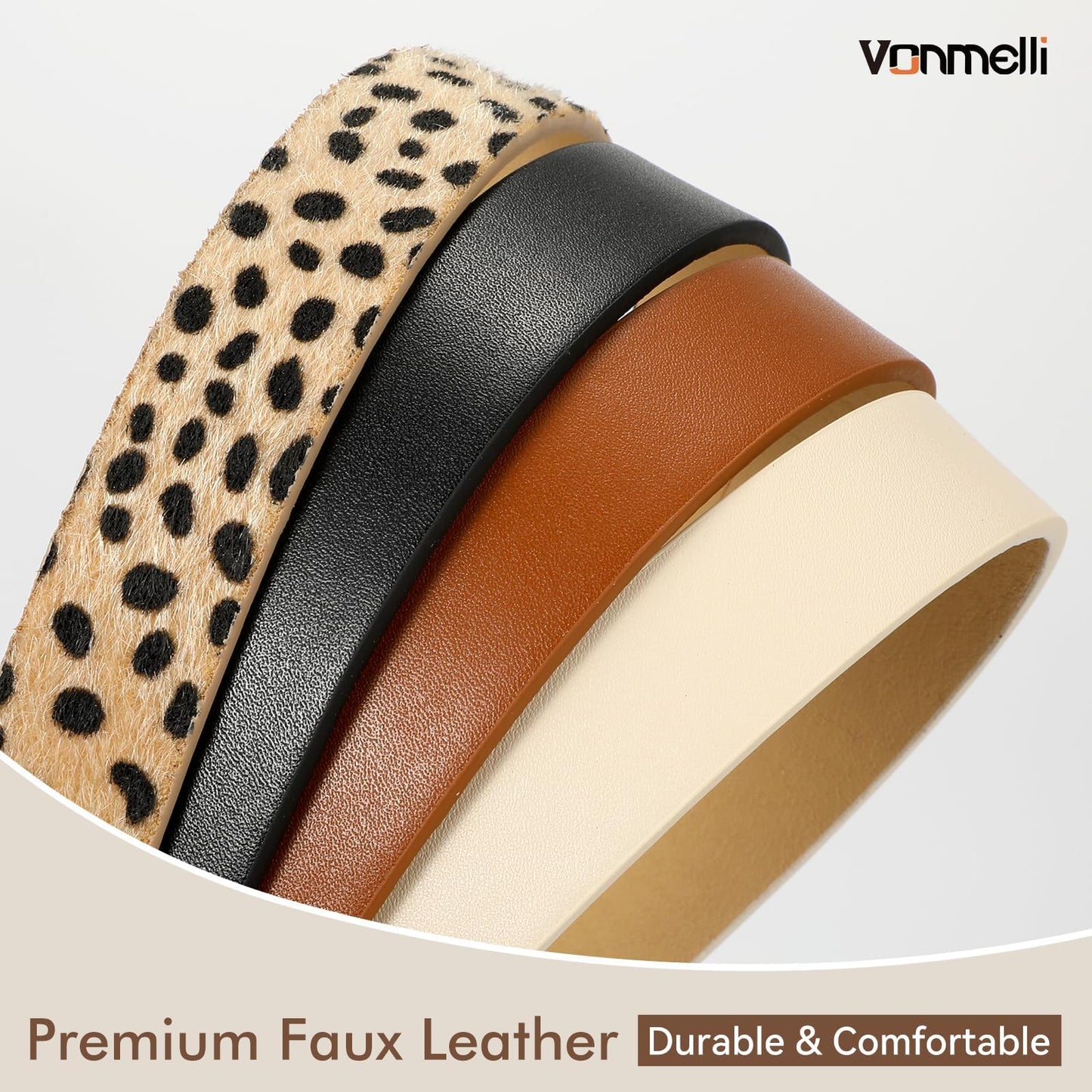 VONMELLI 4 Pack Womens Thin Leather Belt Skinny Waist Belts for Women Fashion Jeans Dress with Gold Buckle, Black Brown Beige leopard, XXS