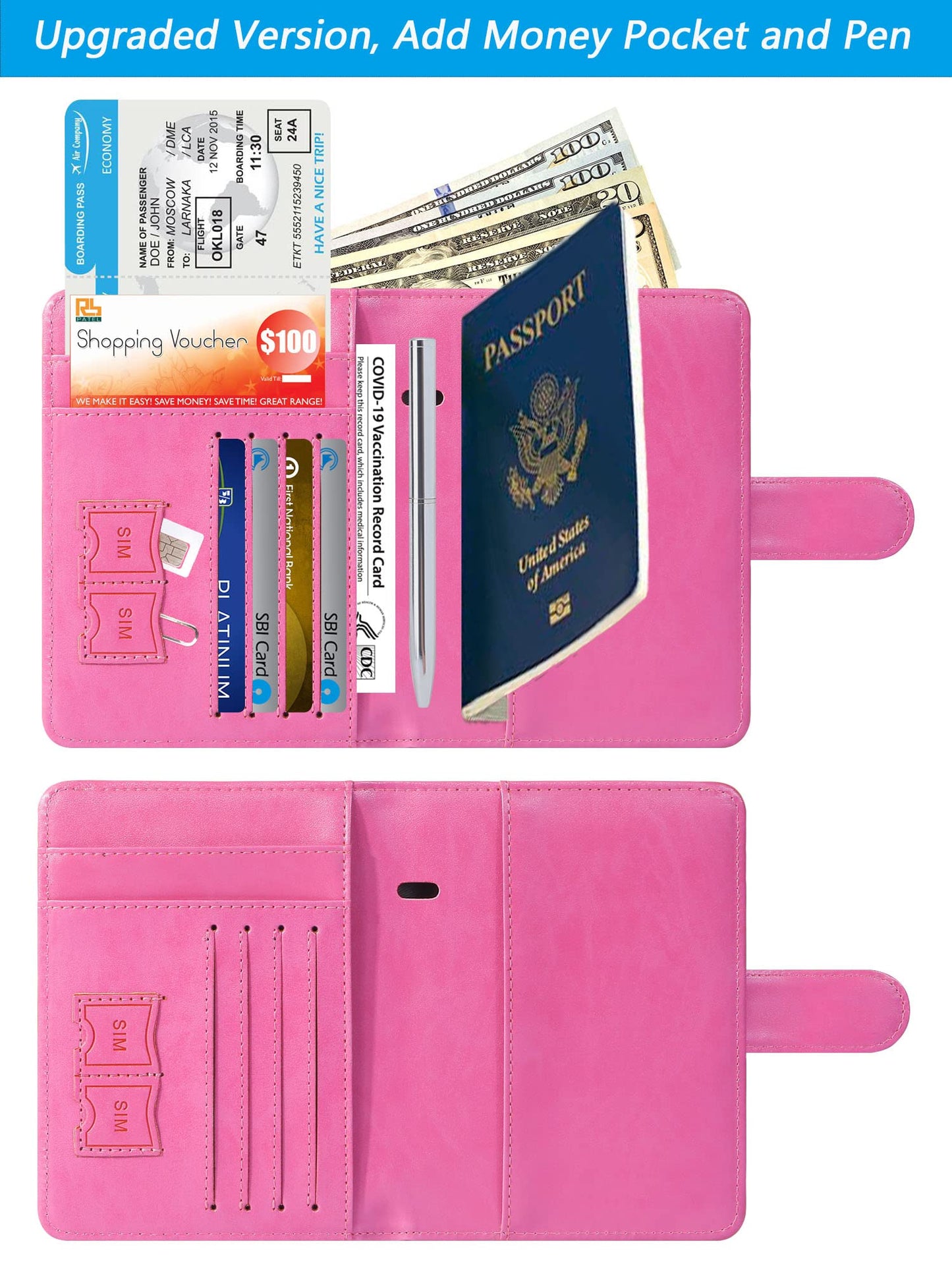 Passport Holder With Luggage Tag Cover Wallet RFID Blocking Leather Case Travel Essentials Accessories Travel Must Have(114#Pink)