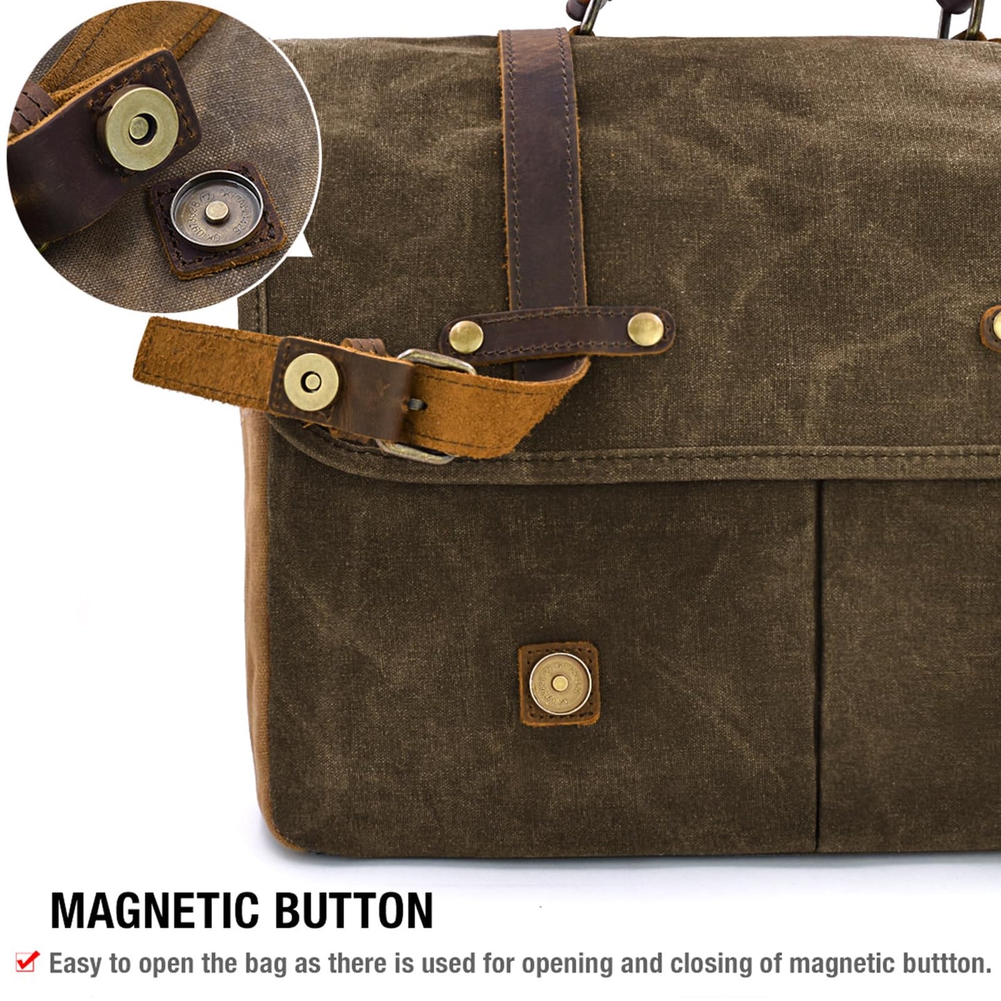 Mens Messenger Bag 15.6 Inch Waterproof Vintage Genuine Leather Waxed Canvas Briefcase Large Leather Computer Laptop Bag Rugged Satchel Shoulder Bag, Coffee