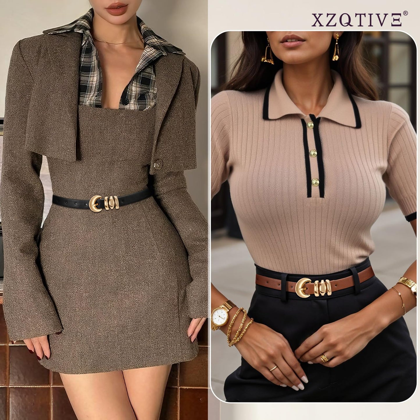 XZQTIVE 2 Pack 0.71'' Womens Skinny Leather Belts for Ladies Thin Waist Belt for Jeans Dress Pants with Fashion Gold Buckle, Black/Brown, Fits Pant Sizes 33-37 inch