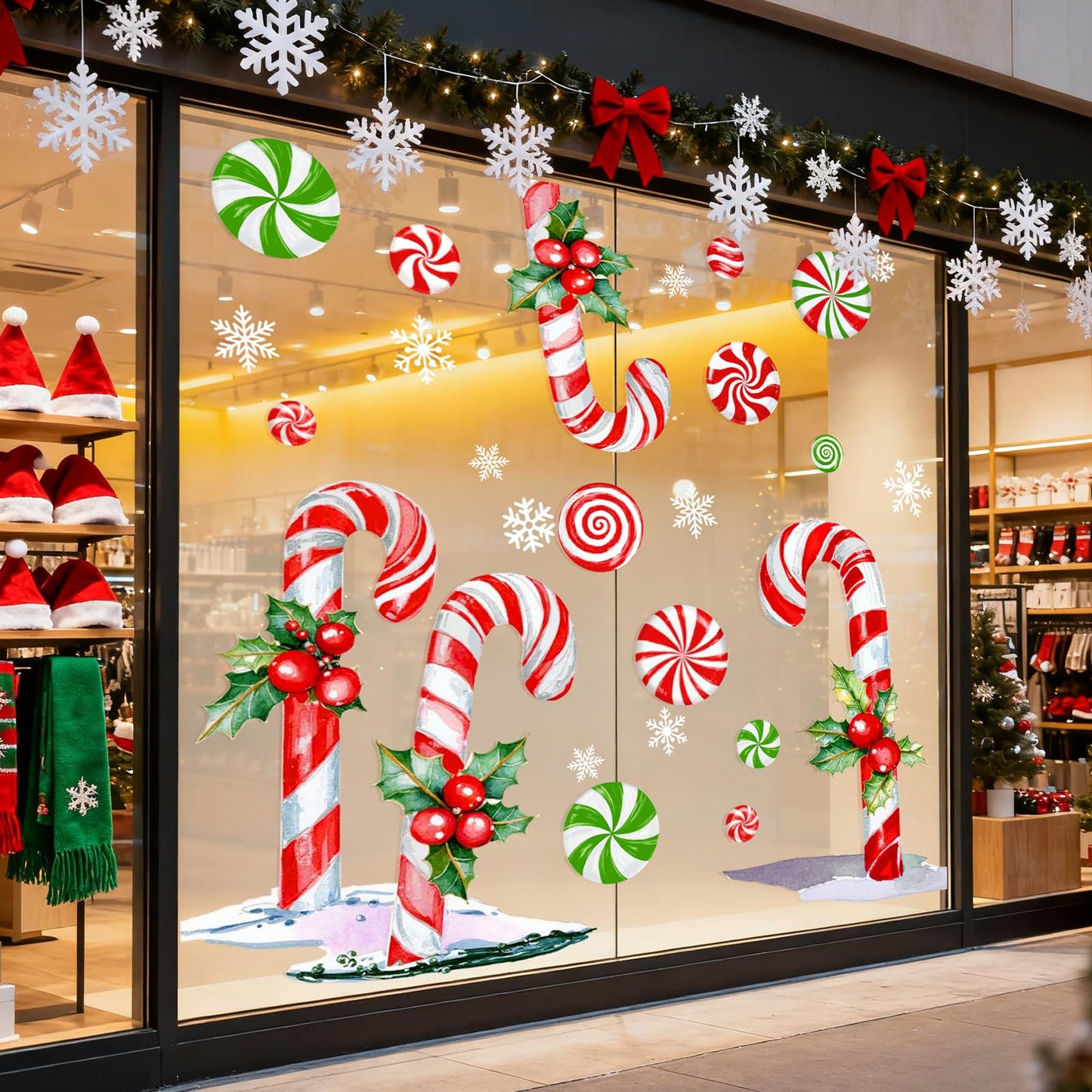 Whaline 13.8 x 35.4'' Extra Large Christmas Window Clings Red Green Candy Cane Holly Berry Window Stickers Double Sided Glass Decals for Winter Xmas Home Classroom Office Party Decoration, 3 Sheets