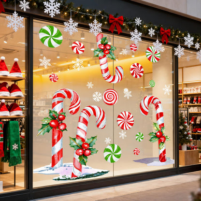 Whaline 13.8 x 35.4'' Extra Large Christmas Window Clings Red Green Candy Cane Holly Berry Window Stickers Double Sided Glass Decals for Winter Xmas Home Classroom Office Party Decoration, 3 Sheets