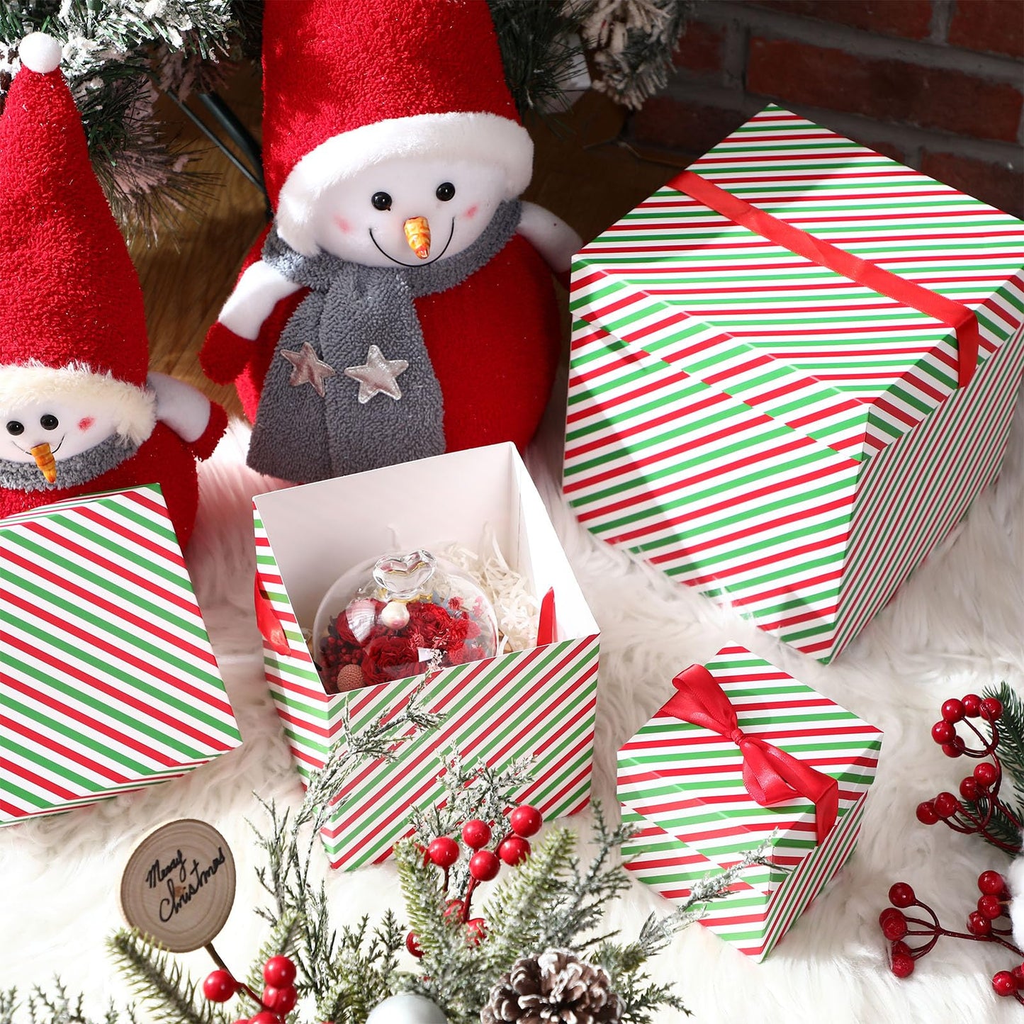 TecUnite 3 Pcs Christmas Nesting Gift Boxes Candy Cane Striped Christmas Stackable Boxes Decorative with Lids for Present Wrapping Xmas New Year Holiday Party Decor(Green Red Stripe)